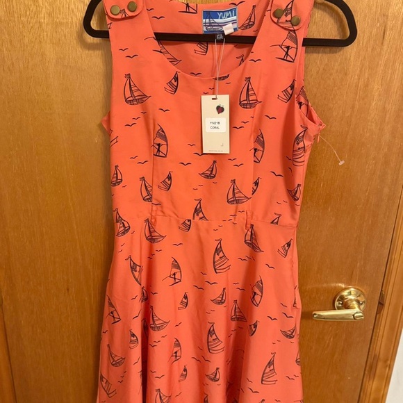 Yumi Coral Sailboat Print Dress - Picture 3 of 7